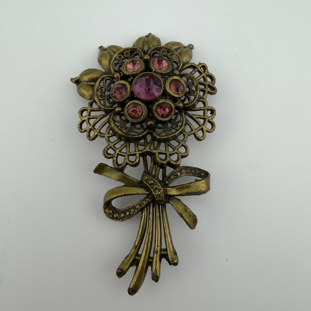 Vintage Floral Bouquet Brooch Purple Pink Rhinestone Antique Gold Filigree Pin